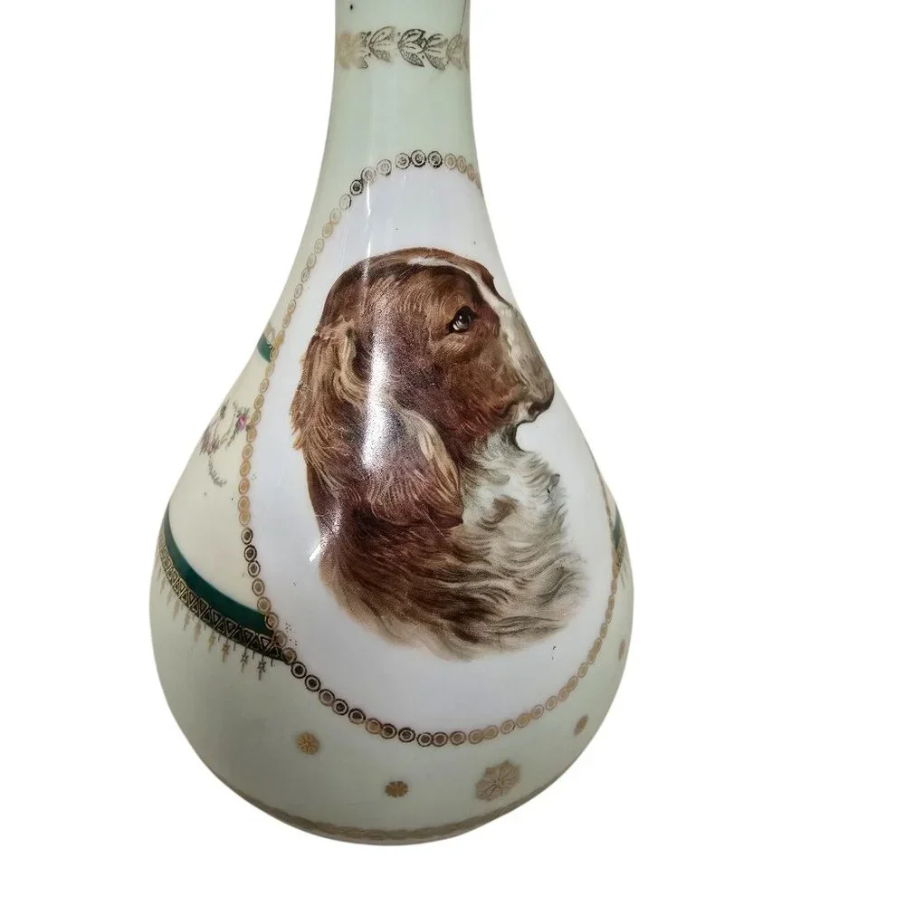 Antique Hand-Painted Porcelain Vase With Dog Portrait & Gold Detailing